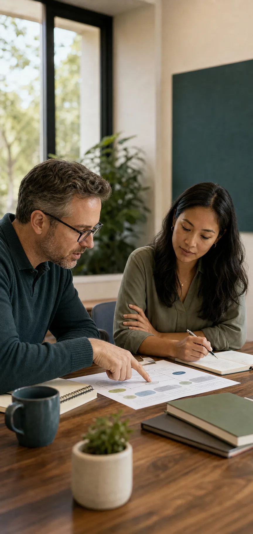 Two professionals reviewing a peer-support program workflow